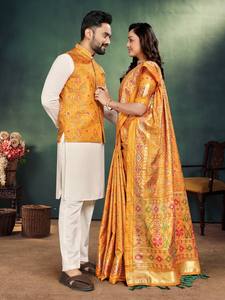 ชุดสวมใส่สไตล์ชนเผ่าพร้อมกางเกง Kurta ผ้าฝ้ายและผ้าไหมแจ็คการ์ด - Product Image 1