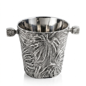 Cubo de Hielo de Plata Antigua con Textura Grabada de Hoja de Palma, Cubo de Lujo para Enfriar Vino con Asas Cuadradas para Suministro de Bares y Hoteles - Product Image 1