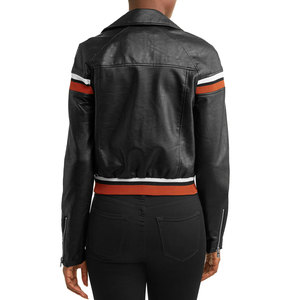 Women's Genuine Leather Moto Jacket With Contrast Stripes Full Sleeve Stand Collar <b>Zipper</b> Closure Autumn Style Cheap Selling - Product Image 2