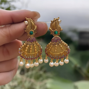Antique Gold Plated Peacock Jhumka Drop Earrings with Pearl and Zircon - Product Image 3