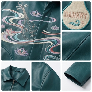 Men's Chinese Style <b>Real</b> <b>Leather</b> <b>Jacket</b> Hand Embroidery Dragon Pattern Stand Collar Zipper Closure Winter Wear Moto Style - Product Image 6