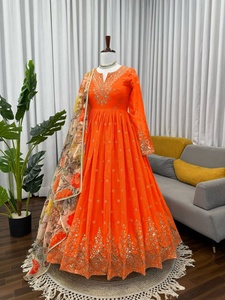 NUEVO SALWAR KAMEEZ CON DUPATTA LARGA HASTA EL SUELO, ESTAMPADO EN RELIEF, COLOR NARANJA, MANGAS COMPLETAS, ESTILO MODERNO PARA FIESTAS EN TODAS LAS ESTACIONES - Product Image 5