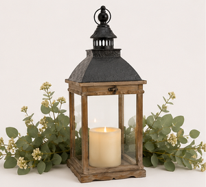 Vintage Rustic Wooden Candle <b>Lantern</b> with Matte <b>Black</b> Metal Top Farmhouse Decorative Glass Hurricane Lamp for Indoor Use - Product Image 5