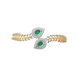 Elegant Gold <b>Bangle</b> <b>Bracelet</b> with Emerald Teardrop Gemstones, Diamond Leaf Motifs, and Luxurious Pavé Detailing - Product Image 2