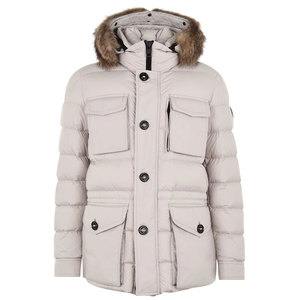 Men's Beige Down Puffer <b>Jacket</b> With Fur Hood Windproof Casual Winter Coat Regular Fit Thick Polyester Shell Single Breasted Coat - Product Image 1