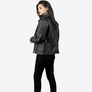 Women's Black Genuine Leather Moto Jacket Full Sleeve Turn-down Collar <b>Zipper</b> Closure Autumn Style - Product Image 2