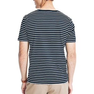 T-shirt en coton premium bleu marine chiné, coupe décontractée, col rond, manches courtes, vente en gros - Product Image 5