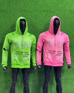 Unisex Hooded Zipper Sweatshirt Oversized Rhinestone Letter Print Streetwear Autumn Knitted Polyester Green <b>Pink</b> <b>Hoodie</b> - Product Image 2