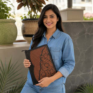 Classeur de portefeuille en cuir véritable avec fermeture à glissière pour portefeuille de documents floraux en cuir véritable - Product Image 3