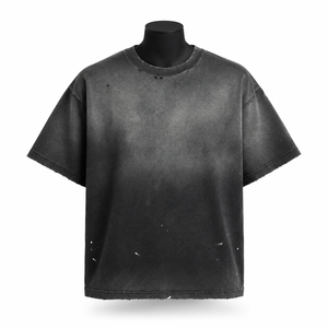 Camiseta de algodón negra lavada de corte holgado para hombre, manga corta, cuello redondo, informal, lisa - Product Image 1