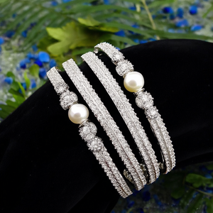 2 Pcs White Gold Plated Brass Bangles with Diamond and Pearl Accents - Product Image 2