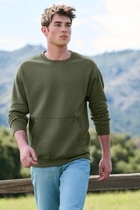 Sweat-shirt à col rond uni vert olive, avec poche kangourou, pull-over en coton vierge - Product Image 6