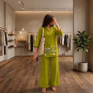 Ensemble Kurta en coton vert pour femme avec broderie montgolfière – Tenue décontractée printemps-été pour le quotidien - Product Image 2