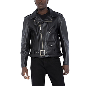 <b>Men's</b> Genuine <b>Leather</b> Moto <b>Jacket</b> With Zipper Closure And Belted Waist Slim Fit Black Turn-down Collar Regular Sleeve - Product Image 1