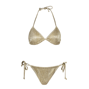 Conjunto de Bikini Metálico Dorado para Mujer, Top Halter Cruzado, Braguita con Lazos Laterales, Traje de Baño Elástico con Estampado, Patrón Tejido, Volantes, Spandex/Nylon - Product Image 1