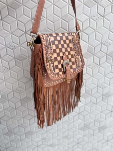 Women's Fringe Handbag Hand Tooled Carving Leather <b>Bag</b> Gypsy <b>Boho</b> Checkers Handmade Real Leather Western Multi Uses <b>Bag</b> - Product Image 2
