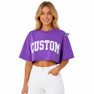 Camiseta Corta Morada para Mujer, con Estampado de Letras Personalizado, Cuello Redondo, Manga Corta, Corte Holgado, Informal, Primavera Verano, 100% Algodón - Product Image 1