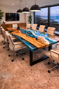 Ocean Epoxy Resin Conference Table Blue Wave River Live Edge Wood Desk Handmade Resin Coastal Style Dining Table - Product Image 3