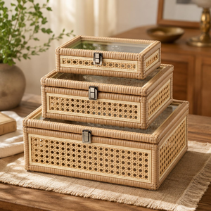 Farmhouse Design Wicker Set 3 Rattan Display <b>Box</b> <b>with</b> Glass <b>Lid</b> Decorative <b>Storage</b> Boxes Wholesale Price from Vietnam - Product Image 1