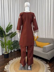 Kurta de Rayón Bordado Marrón para Mujer, Vestido Pakistaní Indio de Manga Larga, Ropa Casual para Fiestas - Product Image 3