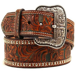 Cinturón de herramientas occidental de aspecto antiguo Vintage, cinturón marrón en relieve rosa con hebilla cromada extraíble, hecho en India, venta al por mayor - Product Image 2