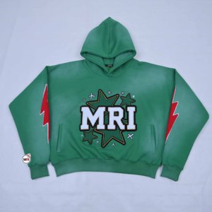 MRI Mens Green Embroidered Hoodie Regular Fit Cotton Polyester Terry Casual Streetwear Pullover with <b>Stars</b> and Lightning <b>Design</b> - Product Image 1