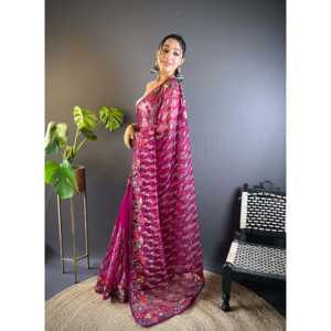 Hermoso Sari chino tradicional de diseñador con bordado - Product Image 6