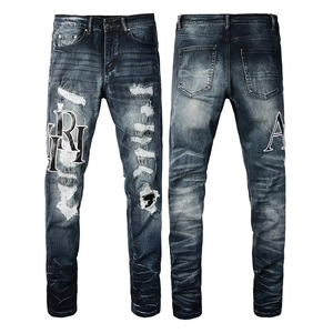 High Street Wind AM Embroidered <b>Jeans</b> Men's Ripped <b>Elastic</b> Slim Legs Men Denim <b>Jeans</b> Casual Distressed Streetwear Washed <b>Jeans</b> - Product Image 2