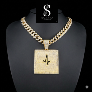 Chaîne à maillons transfrontalière Hip-Hop tendance, style cool européen et américain, en alliage de zinc plaqué or, avec pendentif incrusté motif ECG - Product Image 1