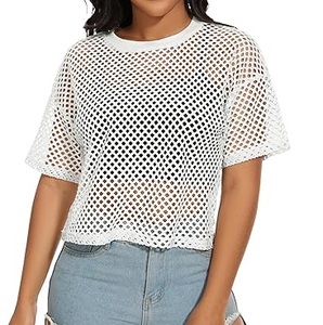 เสื้อยืดตาข่ายซีทรูสีขาว บริการ OEM สำหรับขาย ผลิตตามสั่ง ทรงหลวม ไซส์ใหญ่ คอกลม เสื้อยืดผู้หญิงเนื้อผ้าบาง - Product Image 1