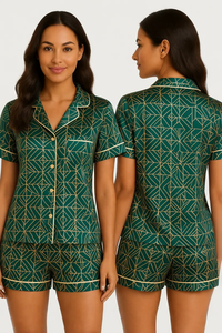 Ensemble pyjama à manches courtes pour femmes, imprimé géométrique vert, avec col rabattu, fermeture à boutons, vêtements de nuit d'été - Product Image 1