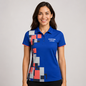 เสื้อโปโลผู้หญิงสีน้ำเงินรอยัลบลูคอรัลบล็อก แห้งเร็ว ระบายอากาศดี แขนสั้น ชุดยูนิฟอร์มทีมกอล์ฟ WPS-0864 - Product Image 1