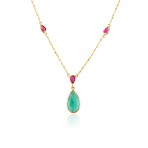 18K Yellow Gold Teardrop Emerald and Ruby <b>Necklace</b> <b>Chain</b> for Wedding Party Gift Anniversary - Product Image 2