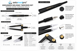 Pinzas de Soldadura con Punta Plana, Juego Individual y Doble, Acero Inoxidable para Soldadura de Joyería Permanente, 5 Pulgadas, Negro Plateado, ZetomedPro - Product Image 3