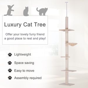 Albero per Gatti Verticale Beige da 2,6 m, Altezza Regolabile da Pavimento a Soffitto, 5 Piattaforme Tappetinate, 3 Aree di Tiraggio in Corda di Sisal, per Arrampicata Gatti - Product Image 4