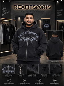 REXFITSPORTS 2026 Sweat à capuche zippé noir vieilli pour homme, impression graphique premium, streetwear - Product Image 3