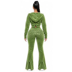 Women's Green Hooded Tracksuit Set Full Sleeve Zipper Front Embroidered Logo Split Hem Casual Sweatshirt And Pants Outfit - Product Image 3