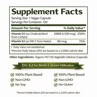 Vitamine D3 et K2 végétaliennes à marque privée OEM, source Lichen, 2000 UI 5000 UI, capsules de D3 à base de plantes, sans OGM, sans soja, 100g