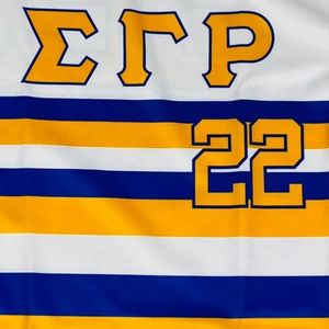 Maillot de baseball rayé Sigma Gamma Rho SGRho 22 bleu or, vêtements grecs haut de gamme, maillot élégant pour femmes - Product Image 3