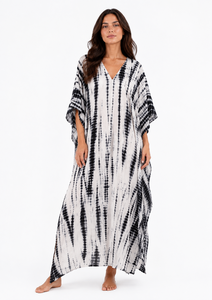 Black <b>White</b> Tie Dye Eco-Friendly Cotton Kaftan <b>Maxi</b> Dress V Neck Modern Bohemian Party Wear Kimono Robe - Product Image 1