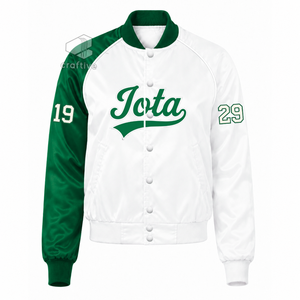 Iota Phi Lambda Sorority Women's Green <b>White</b> Contrast Satin Varsity Jacket Snap <b>Button</b> Front Rib Knit Collar Cuffs College Wear - Product Image 1