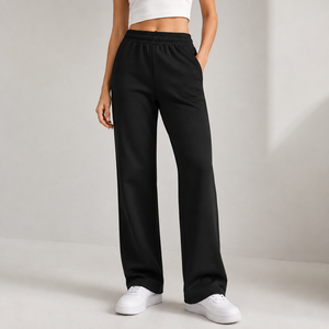 Black Knitted Wide Leg Pants High Waist Loose Fit Full Length Casual Solid Color Elastic Waist Fleece Sweatpants For Women - Product Image 1