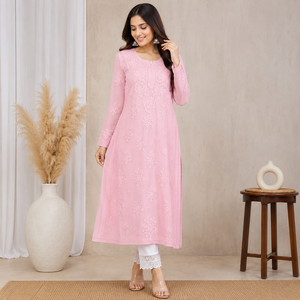 Light Pink Hand Embroidered Lucknowi Chikankari Straight Kurti Simple Elegant Cotton Ethnic Tunic Top for <b>Women</b> - Product Image 1