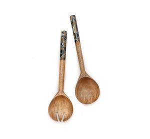 Ensemble de saladiers en émail au design incroyable, bois naturel avec poignée imprimée en émail, couverts pour servir la salade, prix de gros d'usine - Product Image 1