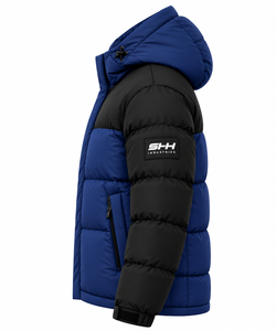 Men's <b>Navy</b> Blue Black Hooded Puffer <b>Jacket</b> Color Block <b>Padded</b> Winter Coat with Zip Pockets Custom OEM Wholesale Outerwear - Product Image 3