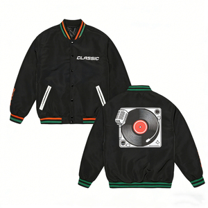 Custom Streetwear Bomber Varsity Embroidered <b>Men's</b> Vintage Leather <b>Jacket</b> Windproof Eco-Friendly Classic Black <b>Old</b> Music Gr - Product Image 4