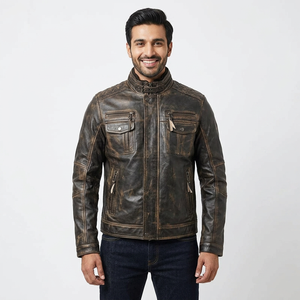 Chaquetas para hombre con logotipo y diseño personalizados, chaqueta de cuero genuino estilo motociclista vintage desgastado color marrón Cafe Racer para hombre - Product Image 2