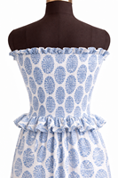 Ensemble jupe et haut en coton pour femme, haut sans manches à volants élastiques et jupe longue à volants superposés, imprimé artisanal à la main, un chef-d'œuvre.
