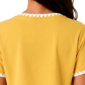 Camiseta de Mujer con Bordado Floral Amarillo, Ribete Blanco en Contraste, Cuello Redondo, Manga Corta, Estilo Casual, OEM, ODM, Ropa Personalizada - Product Image 6