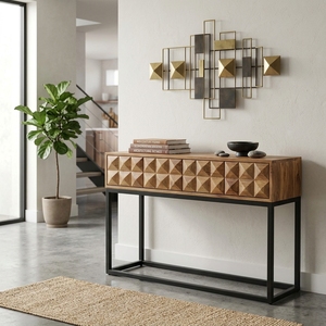 Dice Console Modern Industrial Solid Wood Entryway <b>Table</b> With 3D Geometric Carved Drawers And Black Metal Legs Living Room Decor - Product Image 4
